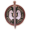 A round enamel pin featuring a stylized horse head design with the text Neither Fear Nor Pain.