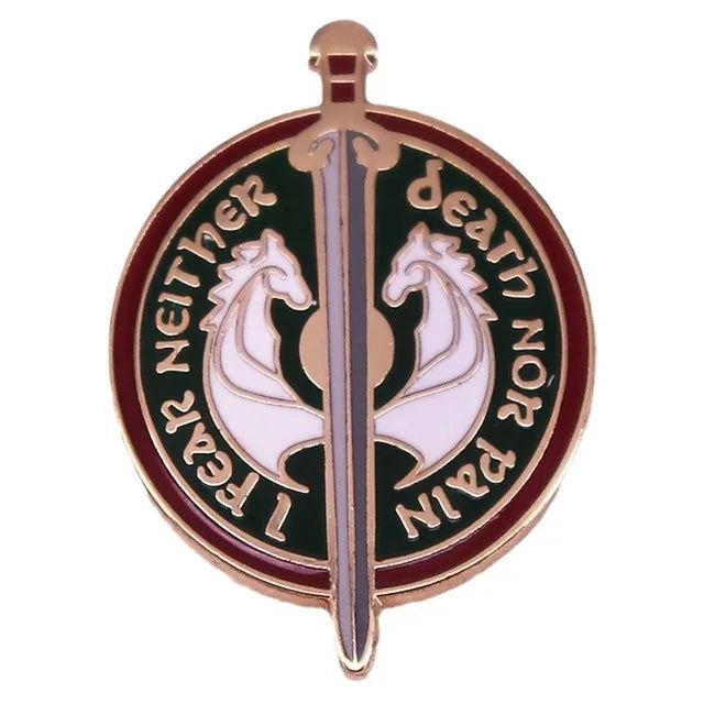 A round enamel pin featuring a stylized horse head design with the text Neither Fear Nor Pain.