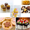 A collection of cake decorating piping tips, bags, and scrapers for various designs.