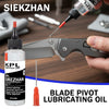 A bottle of KPL SIEKZHAN blade pivot lubricating oil is shown being applied to a knife blade.
