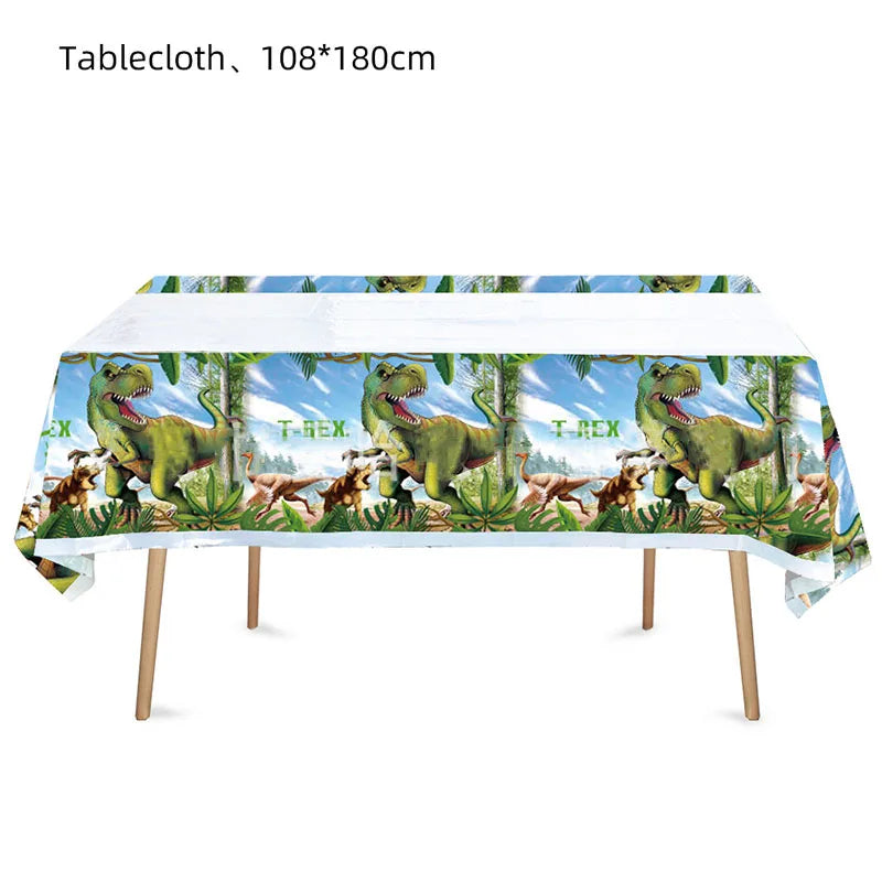 A white tablecloth featuring a tropical dinosaur pattern for a table setting.