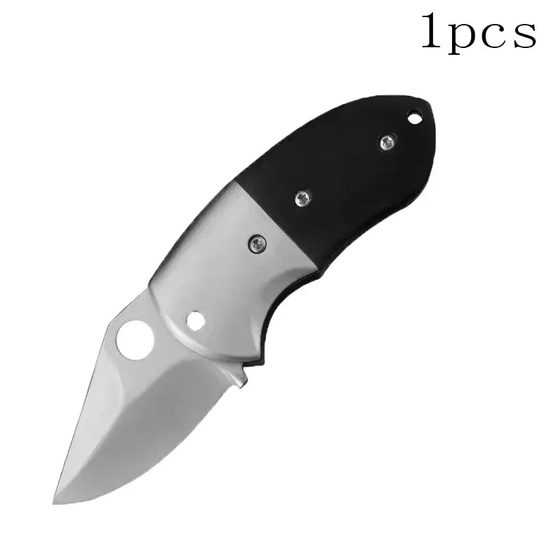 A silver stainless steel mini folding utility knife with a black handle and blade visible from the side.