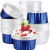 A stack of blue and silver reusable aluminum foil baking cups with lids.