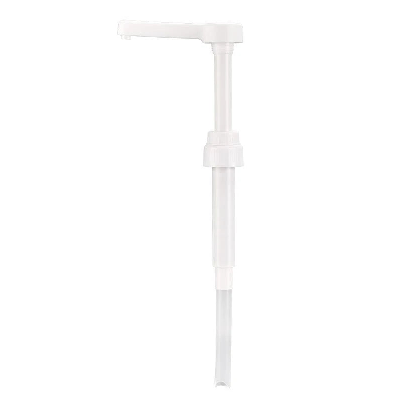A white precision syrup dispenser pump with a long, slender body and a dispensing nozzle.