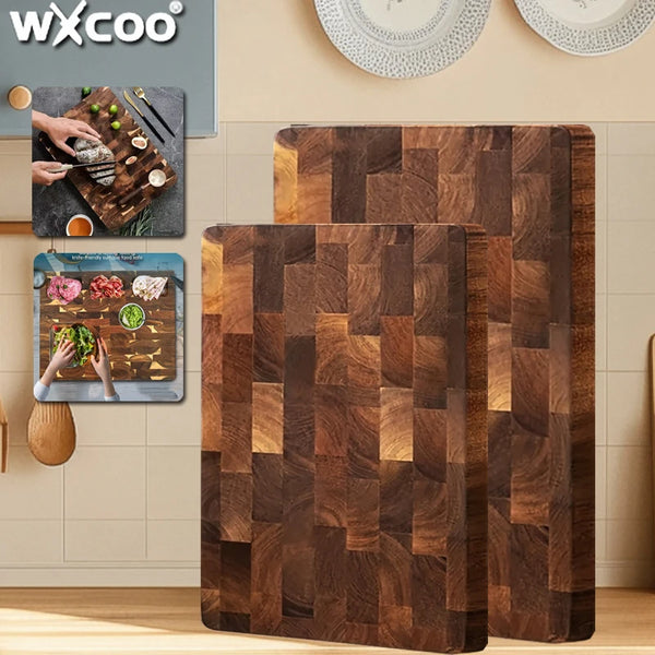 A set of thick, dark brown acacia wooden cutting boards displayed against a light wall.