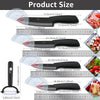 A set of three ceramic chef knives shown with various blade sizes and angles for kitchen use.