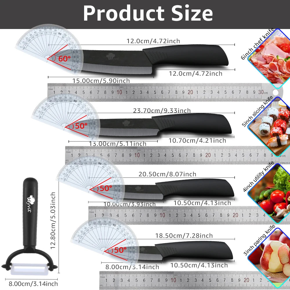 A set of three ceramic chef knives shown with various blade sizes and angles for kitchen use.