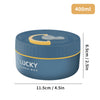 A blue thermal lunch box with a yellow lid and a 400ml capacity, shown from the top view.