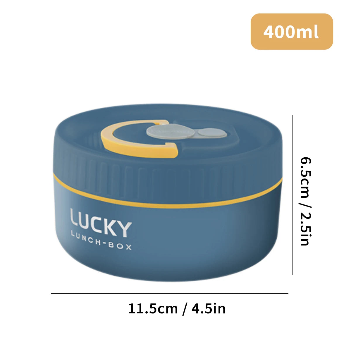 A blue thermal lunch box with a yellow lid and a 400ml capacity, shown from the top view.