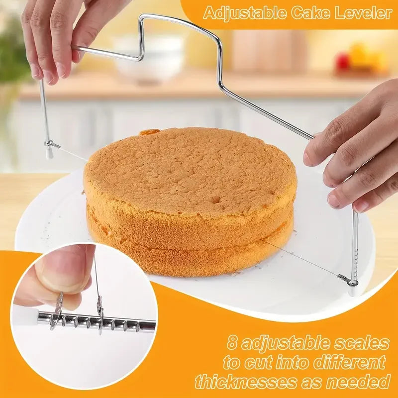 A hand uses an adjustable cake leveler tool to measure and cut into a round cake.