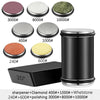 A set of diamond sharpening rollers and a black sharpening block showing various grit levels for knife sharpening.