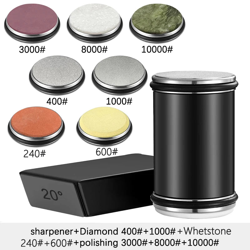 A set of diamond sharpening rollers and a black sharpening block showing various grit levels for knife sharpening.