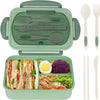 A green leakproof bento lunch box with a lid and separate utensils including a fork, spoon, and chopsticks.