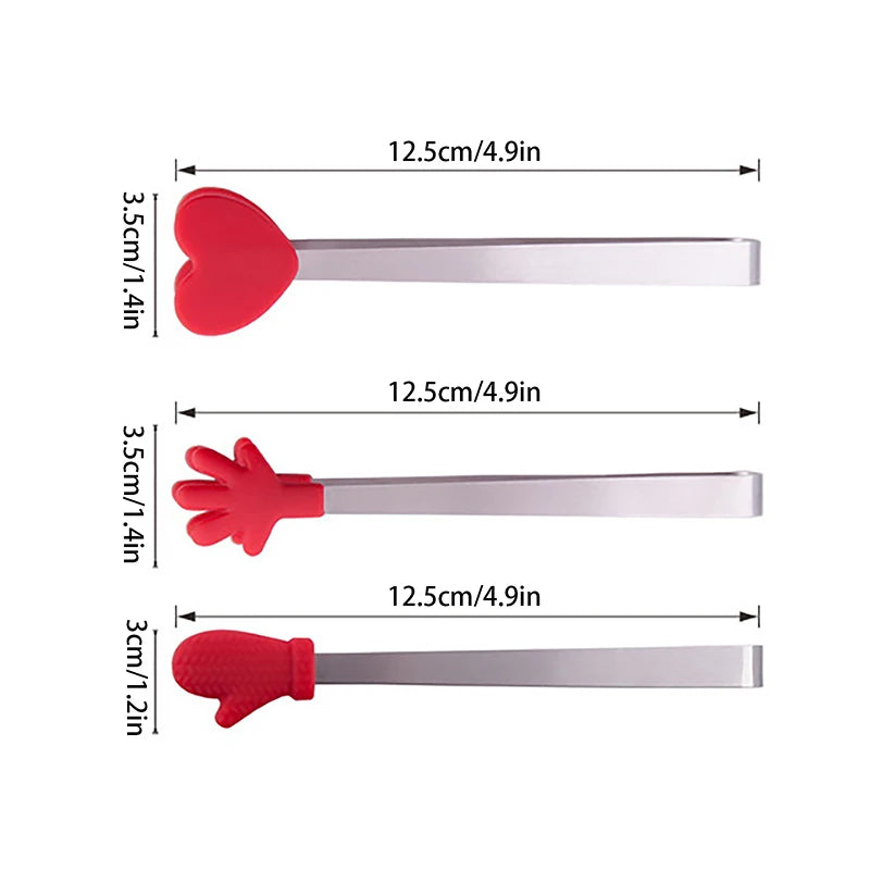 Three silicone palm-shaped food tongs in red and pink for BBQ and desserts