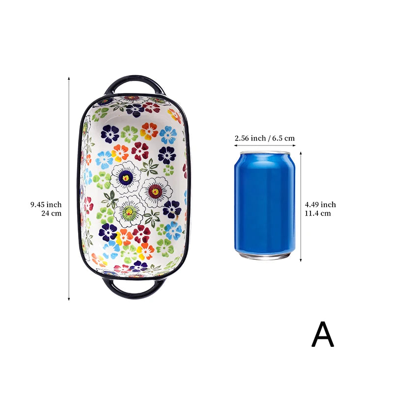 A colorful floral ceramic baking set with a lid and a blue glass container.