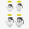 Set hitzebeständige Glas-Teespfärten mit verschiedenen Kapazitäten (500ml, 750ml, 1000ml, 1200ml).