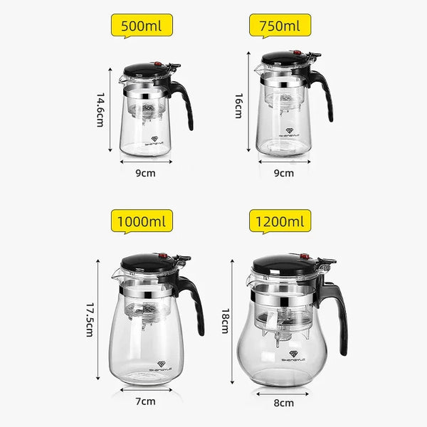 Set hitzebeständige Glas-Teespfärten mit verschiedenen Kapazitäten (500ml, 750ml, 1000ml, 1200ml).
