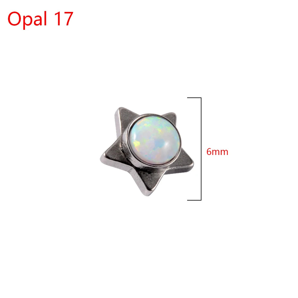 A silver surgical steel dermal anchor body jewelry piece featuring an opal gemstone.