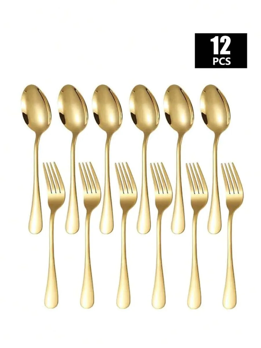 A set of twelve gold-toned stainless steel dining forks and spoons.
