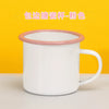 A white enamel mug with a pink rim is displayed against a yellow background.