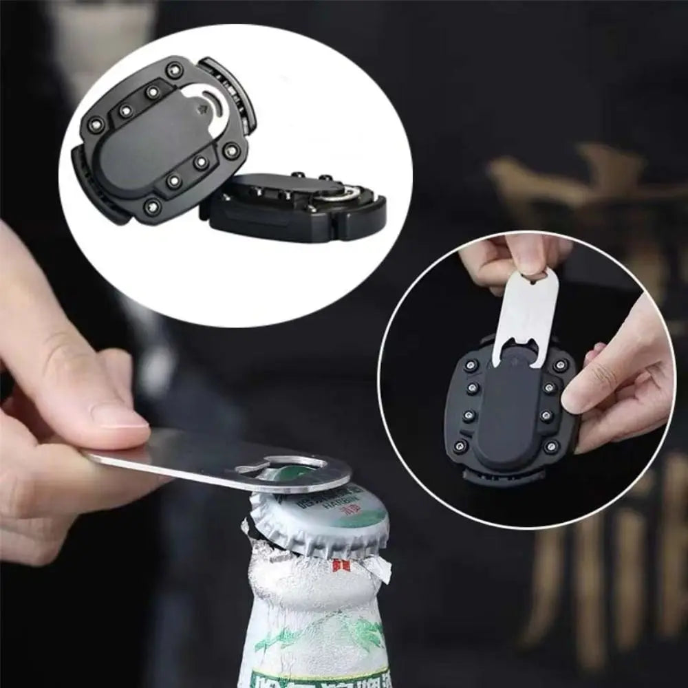 A close-up of a black 2-in-1 beverage opener and corkscrew tool being used to open a bottle cap.