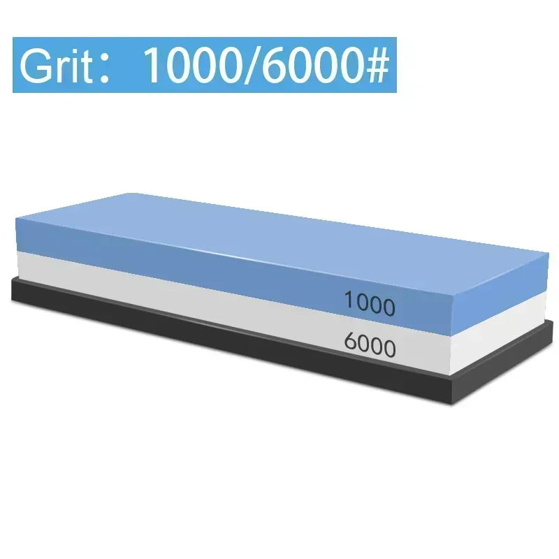 A multi-grits knife sharpening stone set showing a blue and white layered block labeled 1000/6000.