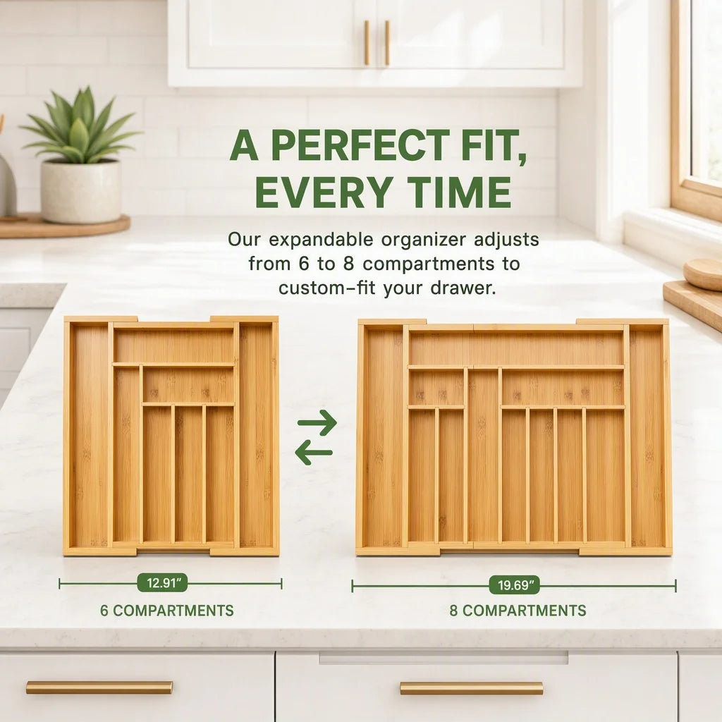 Expandable bamboo drawer organizer showing 6 and 8 compartment configurations for custom fit drawers