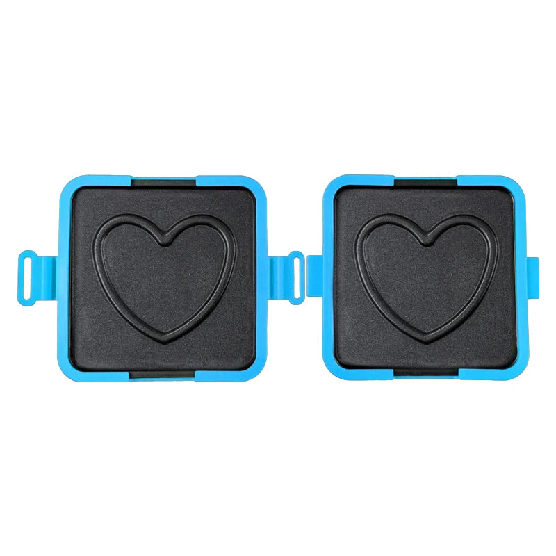 A pair of blue silicone sandwich molds with heart-shaped cavities for making food.