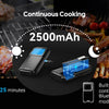A precision meat thermometer is shown next to cooked meats on a grill, highlighting its 2500mAh battery life and usage durati