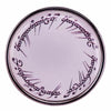 A round enamel pin featuring ornate script on a light pink background.