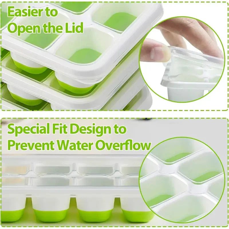 A silicone ice cube mold set with a lid showing ease of opening and a special fit design to prevent water overflow.