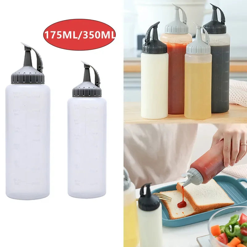 Two white squeeze seasoning dispenser bottles with black caps, shown next to various colored liquids.