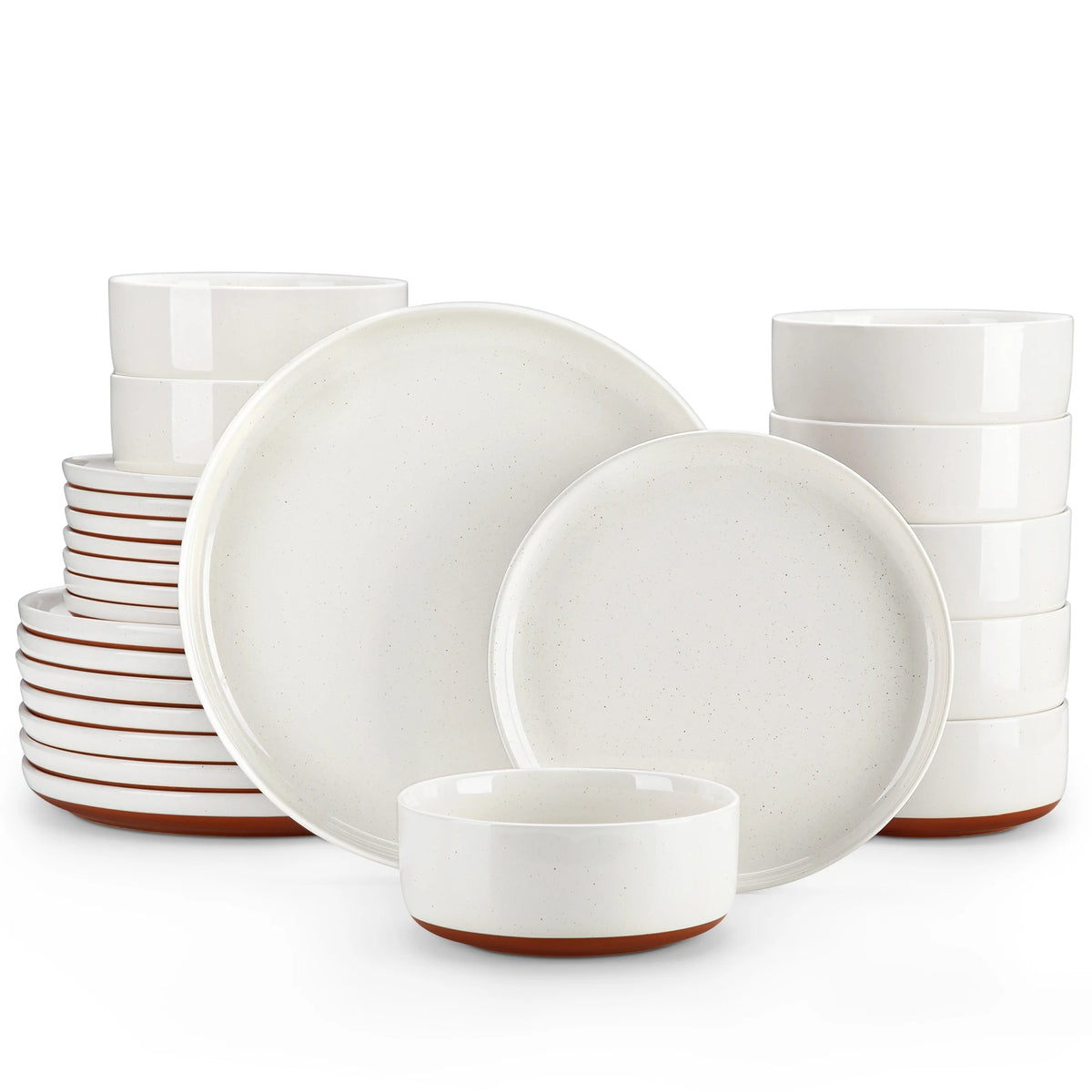 A set of white and terracotta stoneware dinnerware including plates, bowls, and cups.