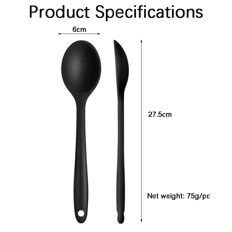 A black silicone mixing spoon set shown with dimensions and net weight.