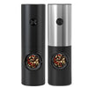 A pair of electric automatic salt and pepper grinders, one black and one stainless steel.