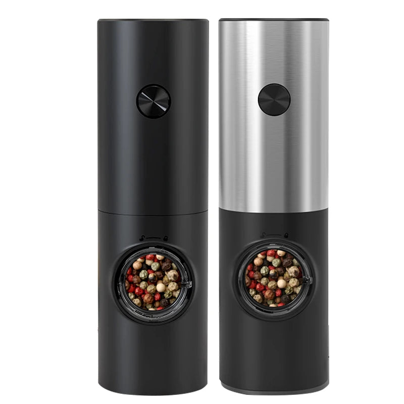 A pair of electric automatic salt and pepper grinders, one black and one stainless steel.