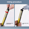 Step-by-step guide showing how to ink a Precision Deep Hole Marker Pen by unscrewing the back cover and injecting ink.