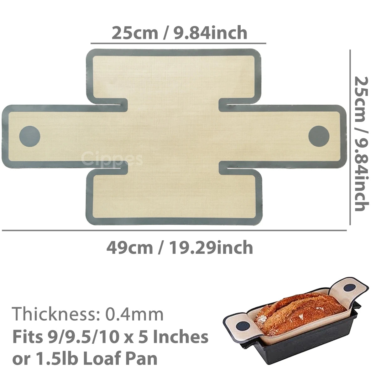 A reusable silicone bread loaf pan liner with a light beige color and a cross shape, measuring 25cm by 49cm.