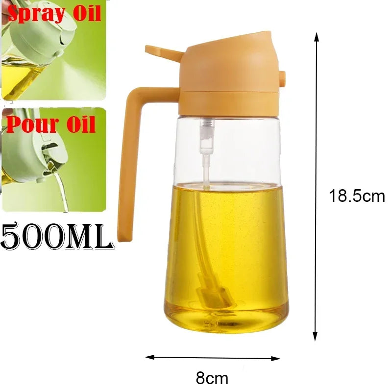 A glass oil spray bottle with a pump dispenser and a spout, filled with yellow cooking oil.