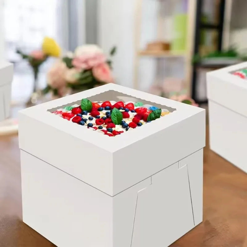 White square disposable cake boxes filled with colorful fresh berries for parties