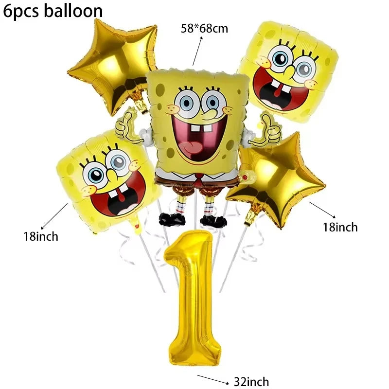 A set of six yellow and gold SpongeBob themed balloons and a large gold number one balloon.