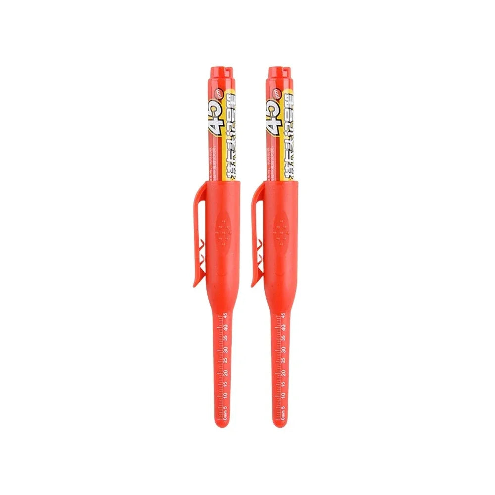 A pair of orange precision deep hole marker pens with yellow and black markings.