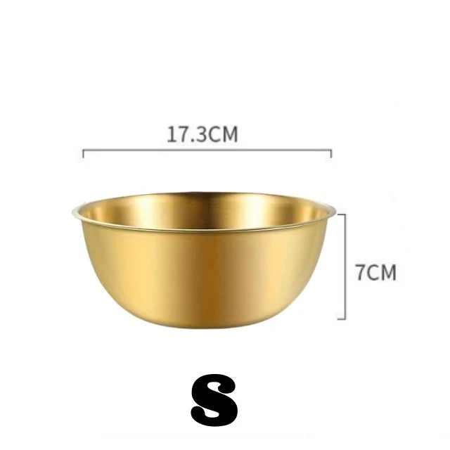 A brass-colored stainless steel mixing bowl shown with its dimensions marked.