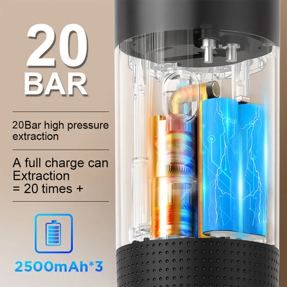 A portable electric espresso coffee maker with a clear glass body and a blue battery visible inside.