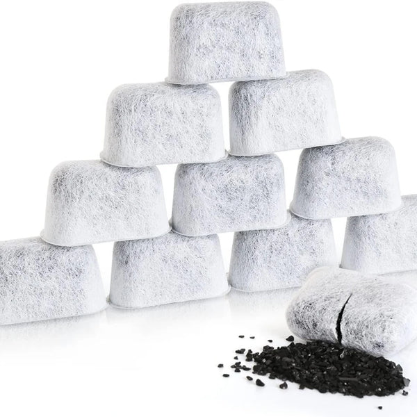 Stack of white reusable charcoal water filter blocks for Keurig coffee makers