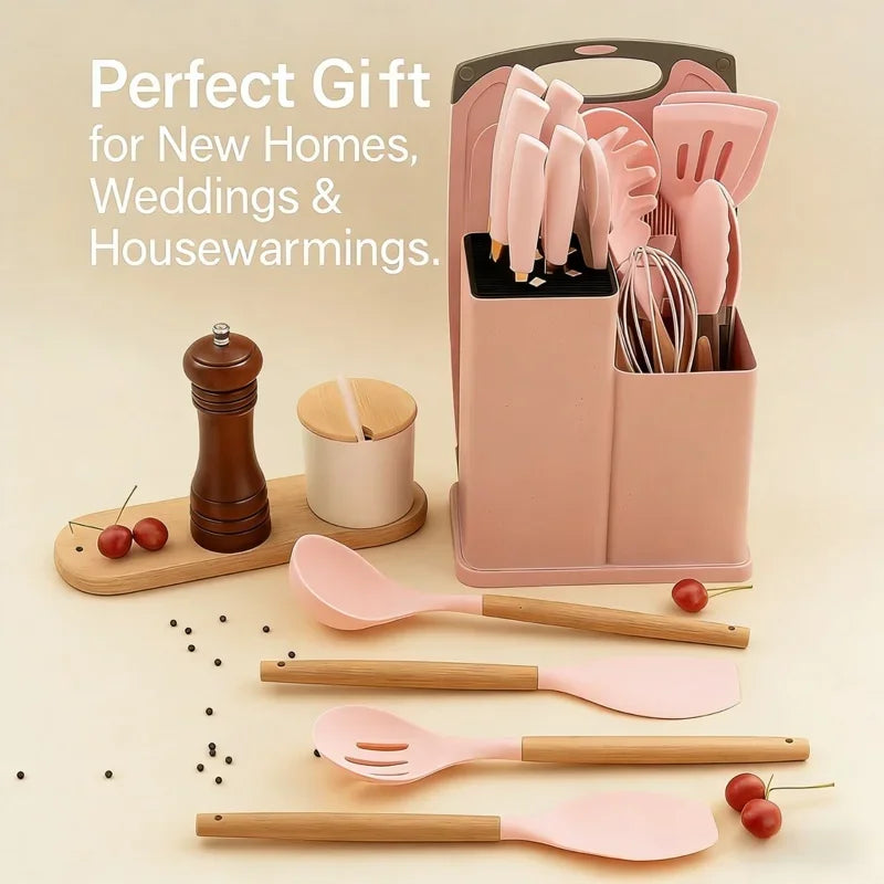 A pink storage box holds a set of kitchen knives and silicone tools, with several wooden utensils laid out below.