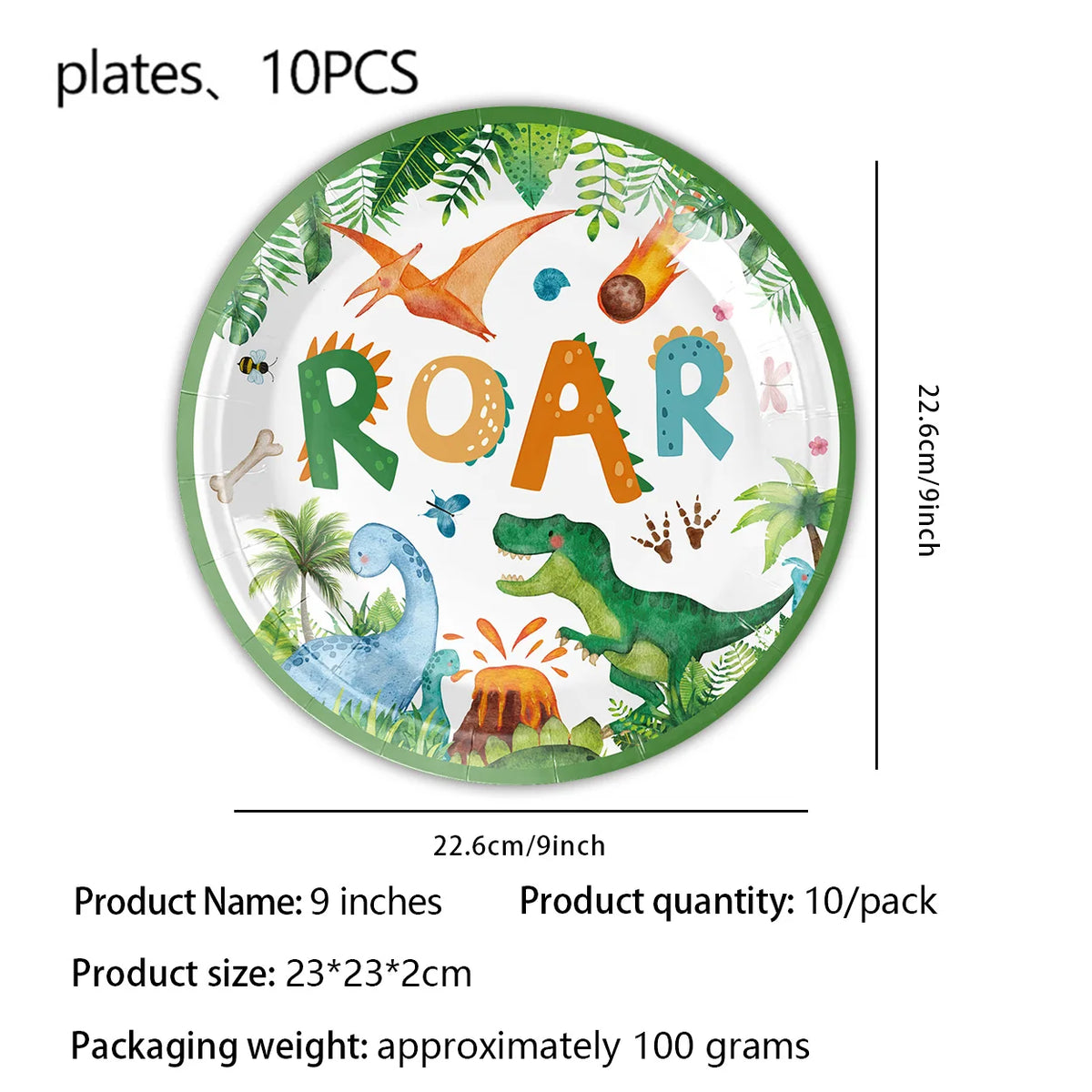 A green plate featuring a dinosaur theme with the word ROAR and various dinosaurs and foliage.