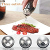 A hand pours ground spice from a metal jar onto a piece of steak on a white plate, with close-ups of the spice dispenser comp