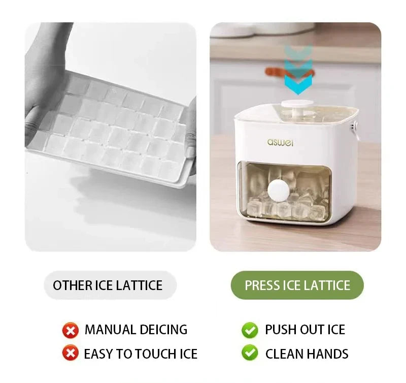 A white press ice lattice maker with a clear compartment for making ice cubes.