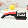 A black and red handheld knife sharpener is shown next to a lemon and some glass jars.